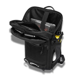 Sac militaire noir ouvert montrant les compartiments pour ordinateur portable, tablette et accessoires