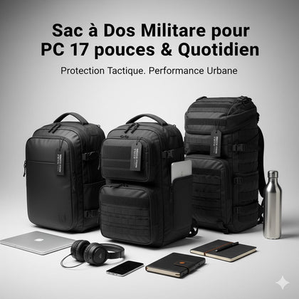 Sacs à dos militaires tactiques noirs pour PC 17 pouces, avec ordinateur portable, casque audio et carnets, usage quotidien.