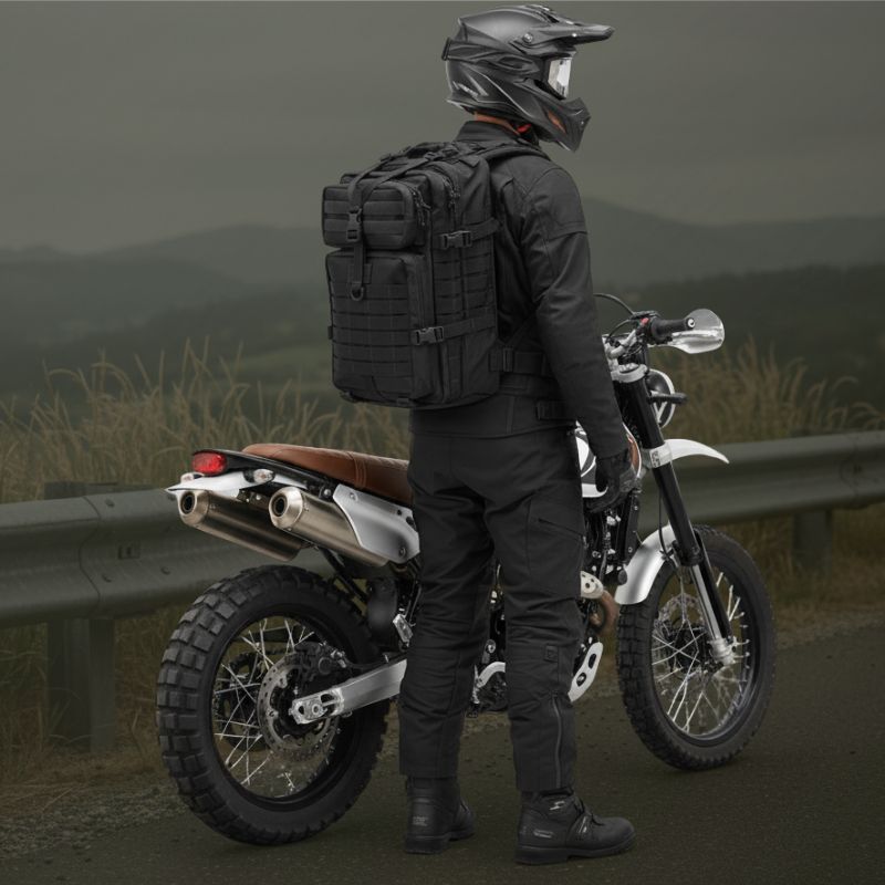 Motard équipé d’un sac militaire noir robuste avec sangles MOLLE en bord de route