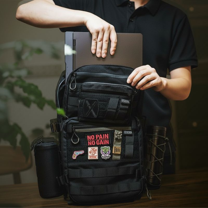 Personne rangeant un ordinateur portable dans un sac militaire noir personnalisé avec patchs