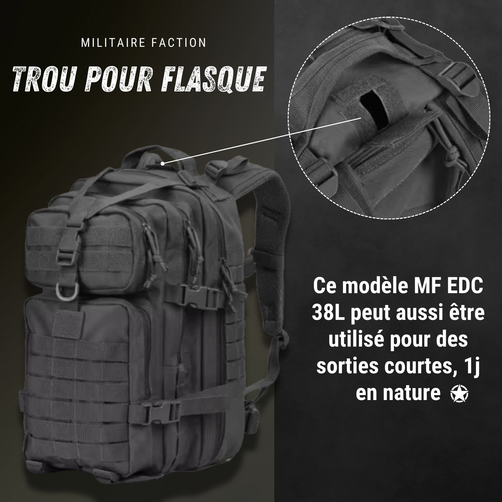 Sac à Dos Militaire Tactique 38L Noir