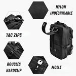 Détails techniques : nylon indéchirable 600D, Tac Zips, boucles HardClip, passants MOLLE