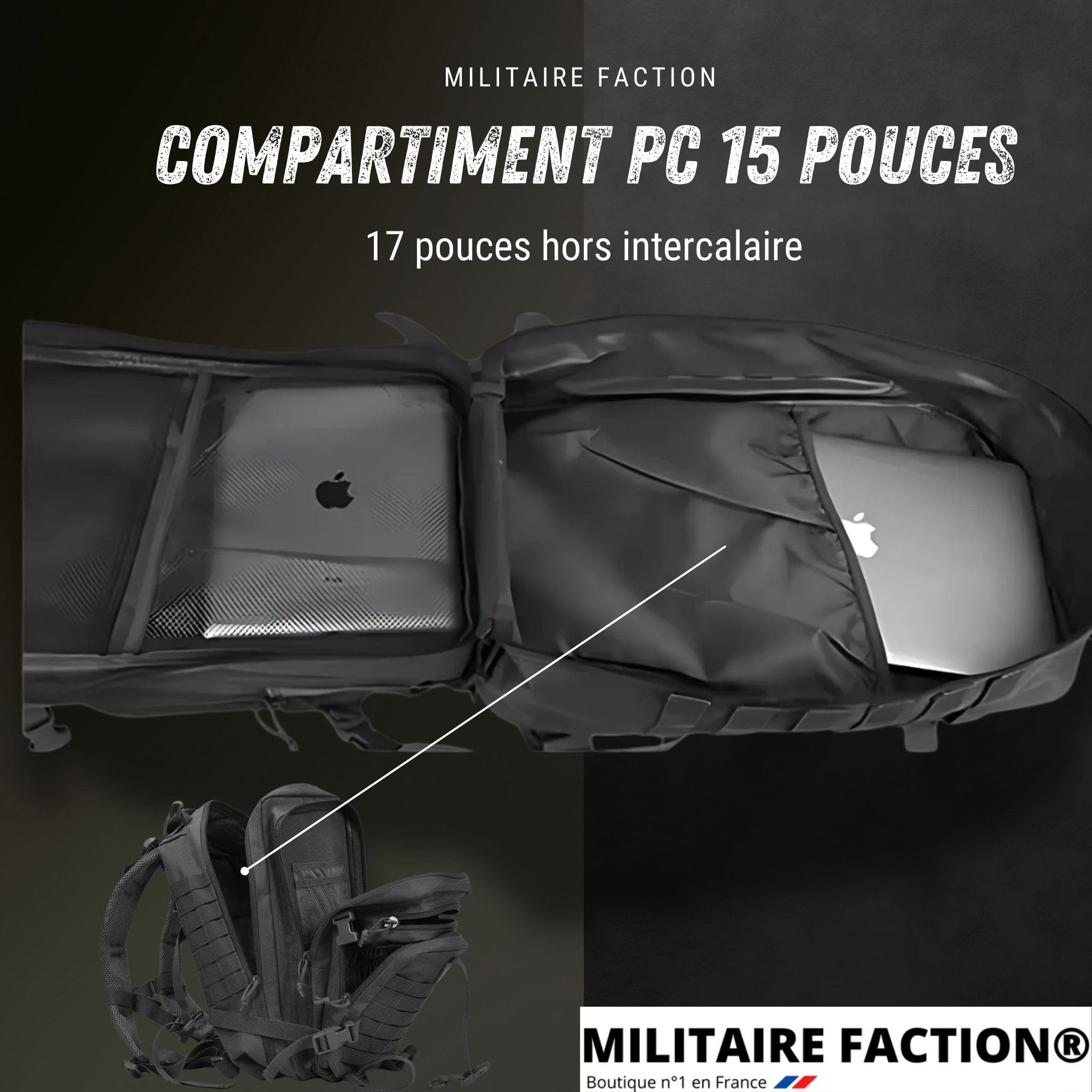 Compartiment ordinateur 15″ du sac tactique 38L, compatible 17″ hors intercalaire