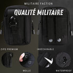 Zoom sur les caractéristiques premium de la pochette : zip résistant, tissu indéchirable, système Molle et revêtement waterproof