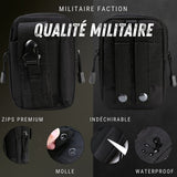 Zoom sur les caractéristiques premium de la pochette : zip résistant, tissu indéchirable, système Molle et revêtement waterproof