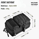 Dimensions pochette MOLLE 18×12×8 cm – poids 200 g, schéma des compartiments