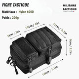 Dimensions pochette MOLLE 18×12×8 cm – poids 200 g, schéma des compartiments