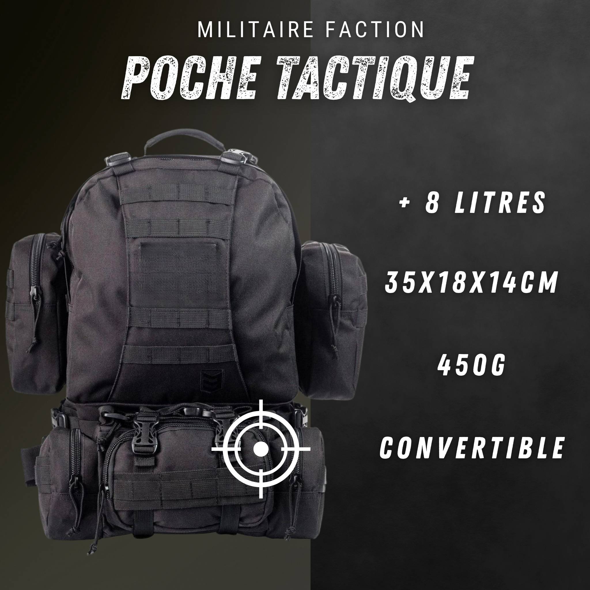 Fiche tactique pochette MOLLE : +8 L, 35×18×14 cm, 450 g, convertible