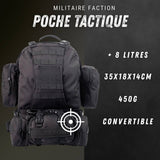 Fiche tactique pochette MOLLE : +8 L, 35×18×14 cm, 450 g, convertible