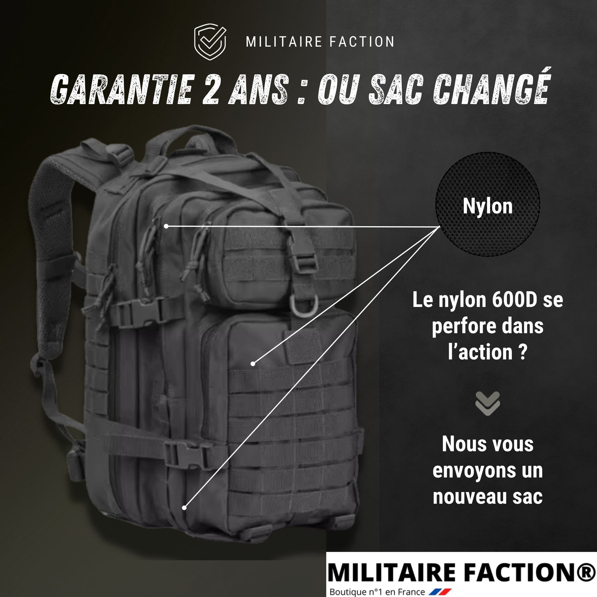Visuel garantie 2 ans – sac à dos tactique MOLLE 38L en nylon 600D, remplacement en cas de perforation