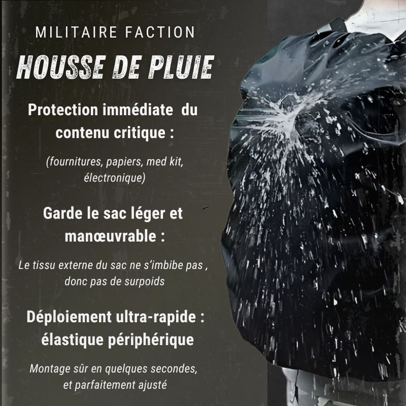 Housse de pluie noire sur sac, éclaboussures d’eau ; arguments : protection du contenu, légèreté, déploiement rapide avec élastique périphérique.