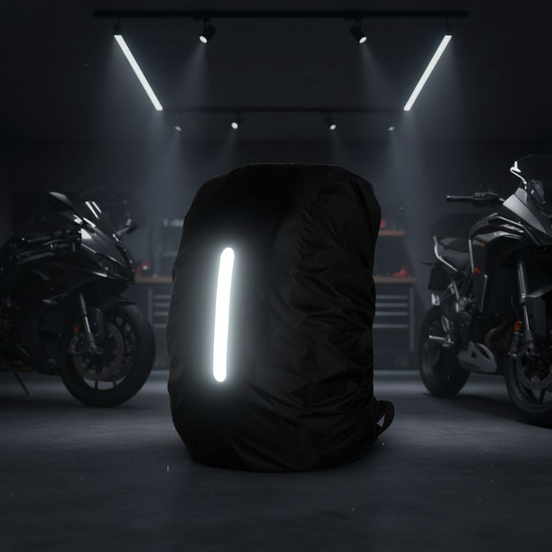 Housse de pluie noire avec bande réfléchissante, conçue pour protéger le sac du Pack Moto Hybride.