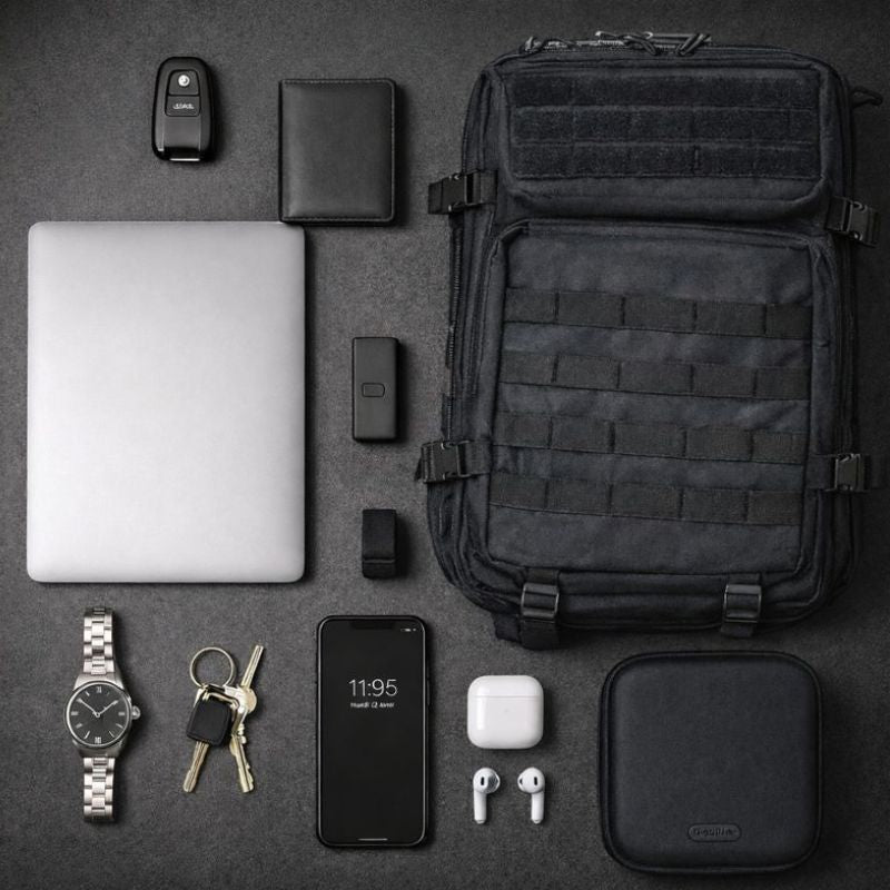 Vue de dessus (flatlay) du sac tactique avec accessoires : ordinateur, téléphone, montre et clés.
