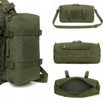 Montage photo du sac MOLLE vert militaire avec détails : sac sur sac à dos, face avant, dos MOLLE, intérieur zippé