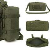 Montage photo du sac MOLLE vert militaire avec détails : sac sur sac à dos, face avant, dos MOLLE, intérieur zippé