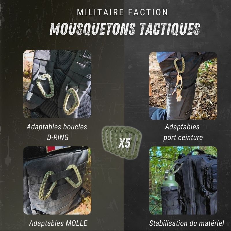 Montage des mousquetons tactiques Militaire Faction : sur boucles D-Ring, ceinture, passants MOLLE et pour stabiliser l’équipement – lot de 5.
