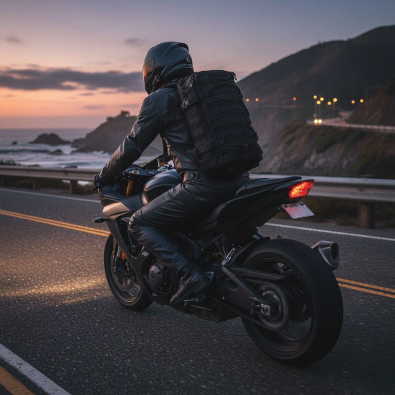 Motard roulant avec le sac tactique 30L, illustrant l’usage quotidien et EDC du Pack Moto Hybride.