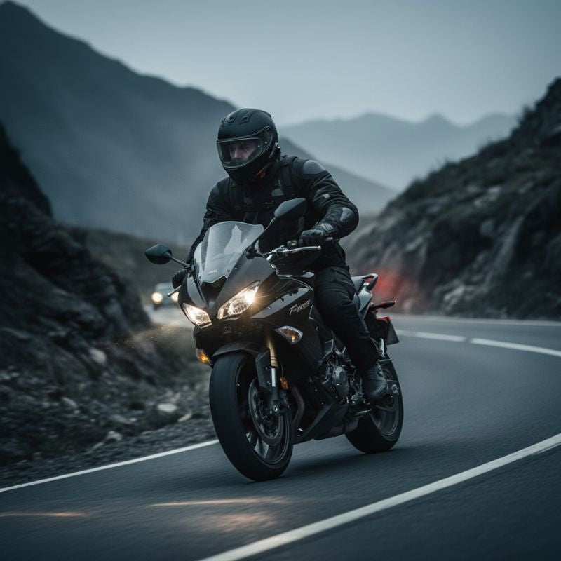 Motard portant un sac à dos tactique ergonomique de 38L.