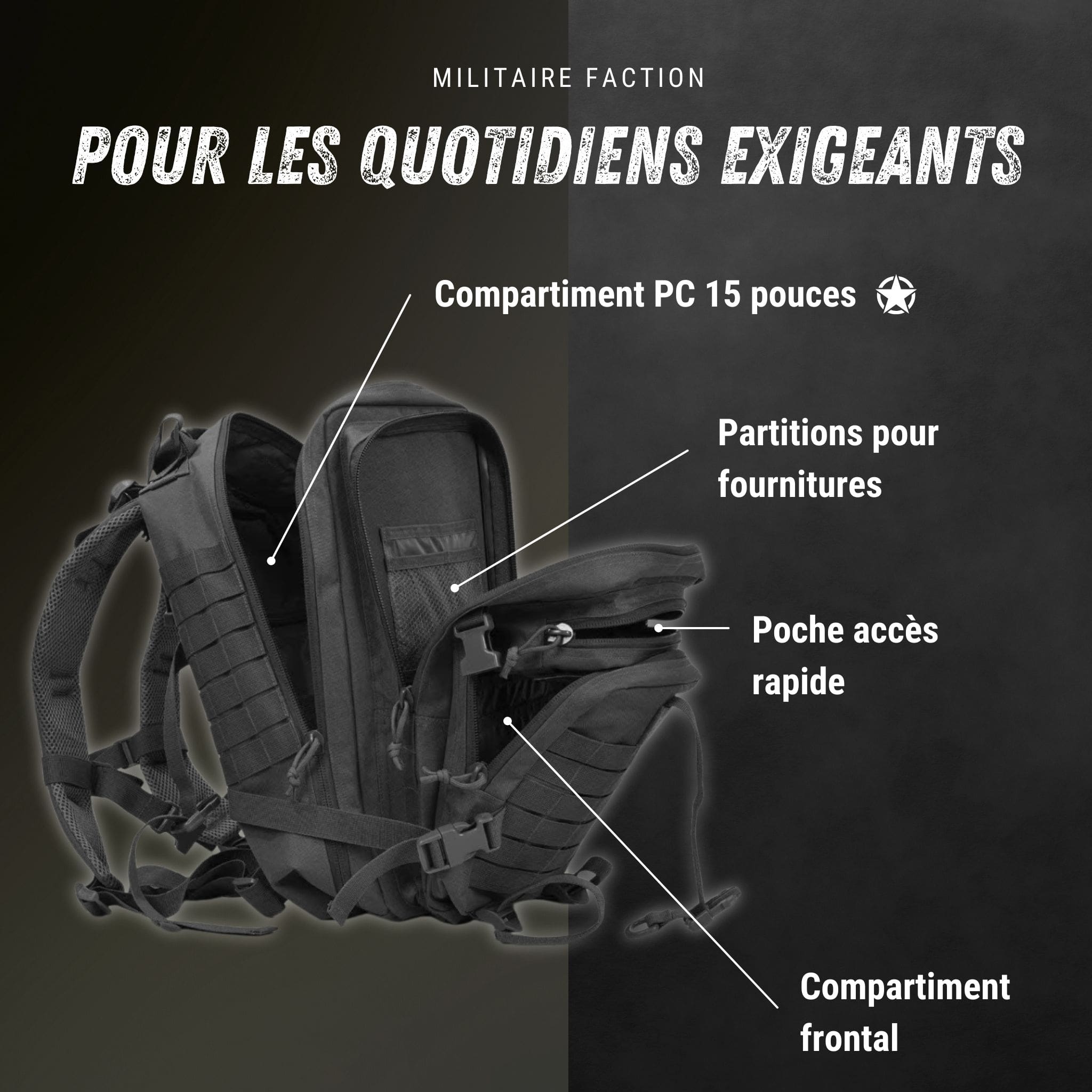Intérieur sac MOLLE 38L : compartiments, poche accès rapide, organisateur, emplacement PC 15 pouces