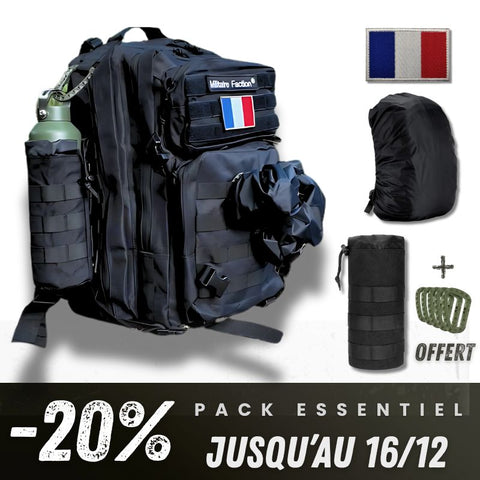 Sac tactique noir Militaire Faction avec patch drapeau, housse de pluie, porte-gourde 1,5 L et mousquetons offerts – Pack Essentiel -20%.