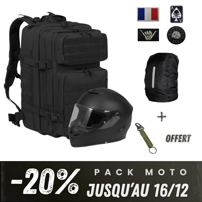 Kit sac à dos moto noir avec casque, patches décoratifs, housse de pluie et porte-clés paracorde offert.