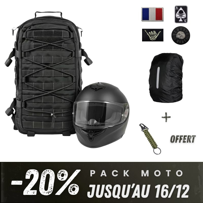 Pack Moto Hybride comprenant sac tactique 30L, patchs motards, housse anti-pluie réfléchissante et porte-clés paracorde.
