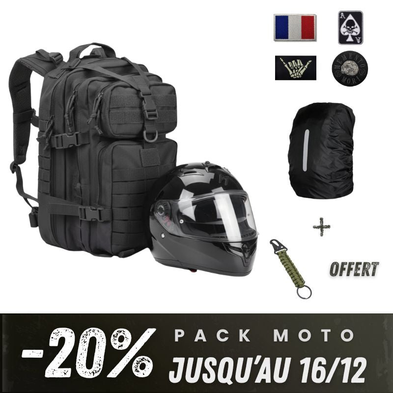 Edition spéciale pour motard, contenant un sac tactique noir de 38 litres, 4 patchs, une housse anti pluie, et un porte clefs en para corde offert.