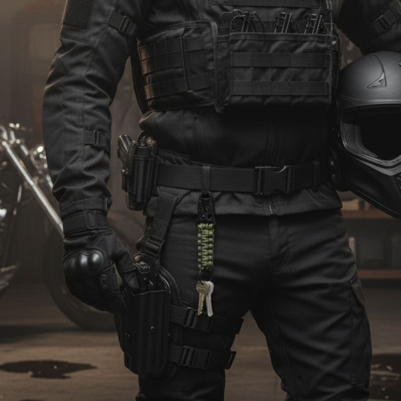 Porte clefs en para corde attaché à la ceinture d'un motard
