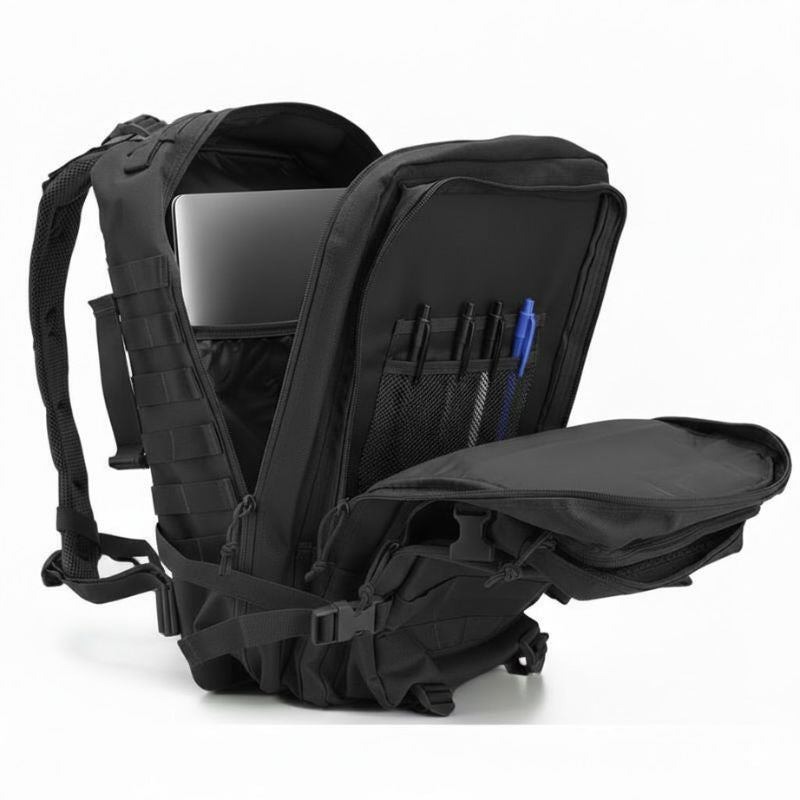 Vue des compartiments organisateurs pour stylos et intercalaire PC portable jusqu'à 17".