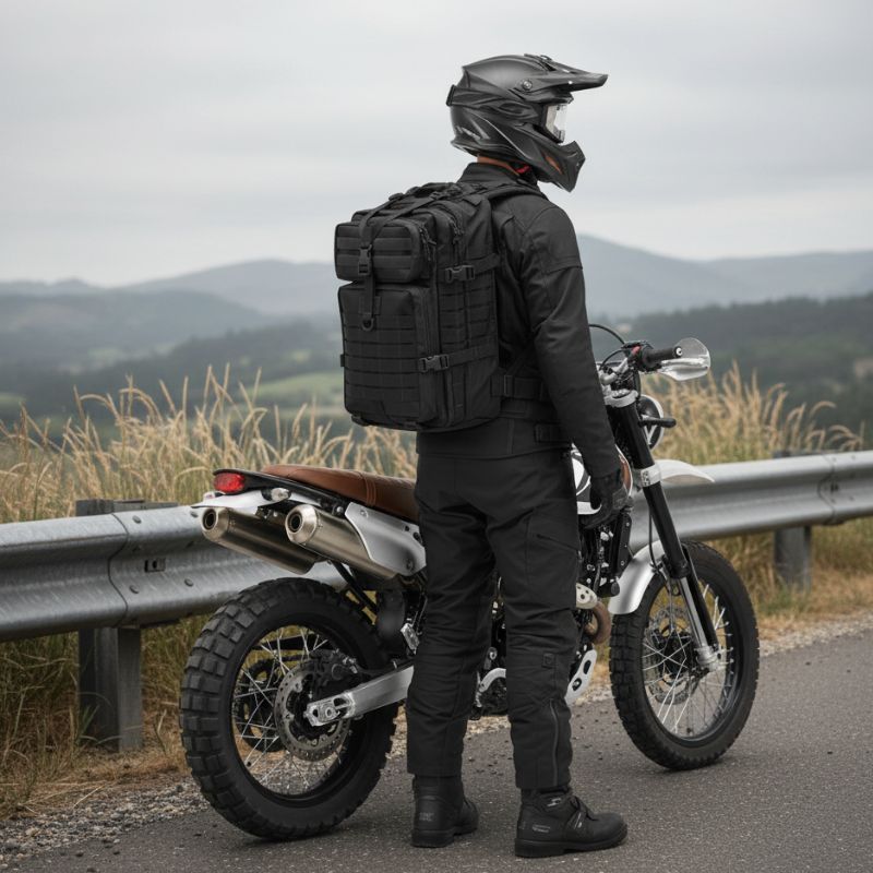 Motard en tenue avec sac tactique noir debout à côté de sa moto scrambler sur route.