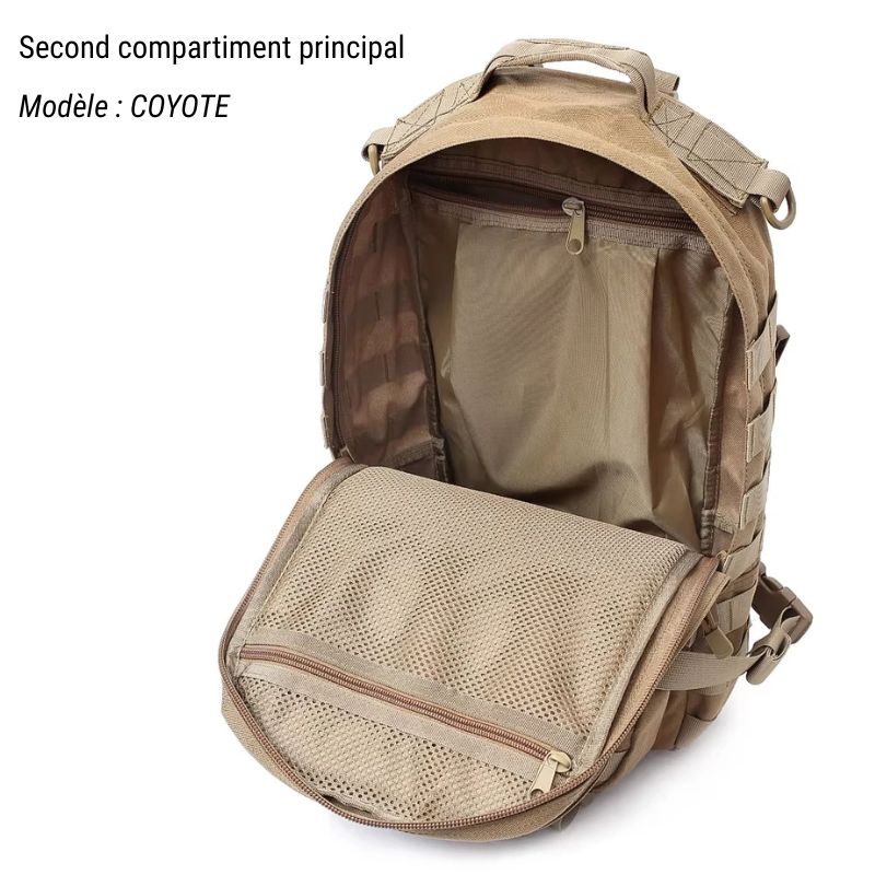 Second compartiment principal. Deux pochette à zip. Partition pour ordinateur portable.
