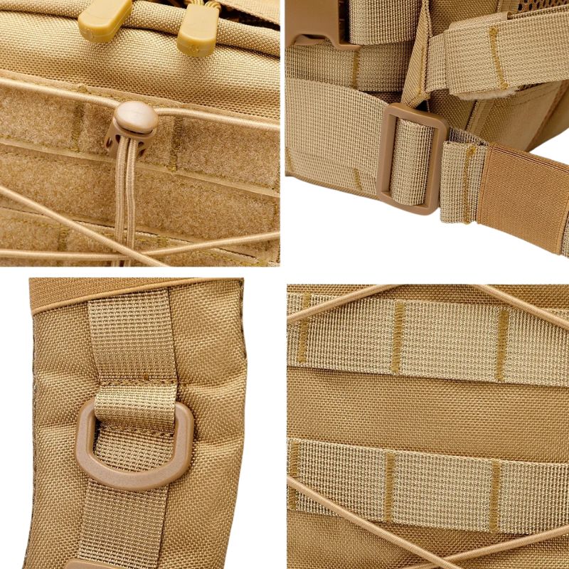 Système molle avant et côté du sac. Boucles d'attache sur sangles d'épaules. 
