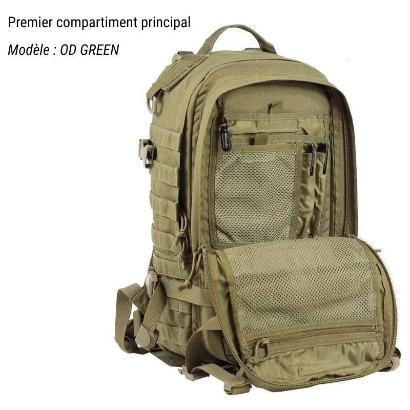 Modèle OD Green. Premier compartiment principal ouvert. Poche à partition, filet. Portes stylos.