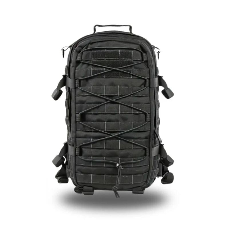 Vue de face sac tactique noir en nylon 1000D avec cordons élastiques.