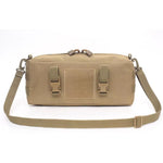 Vue de face du sac tactique couleur sable avec sangle d'épaule, système MOLLE et boucle de fixation