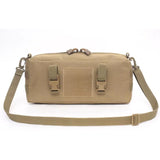 Vue de face du sac tactique couleur sable avec sangle d'épaule, système MOLLE et boucle de fixation