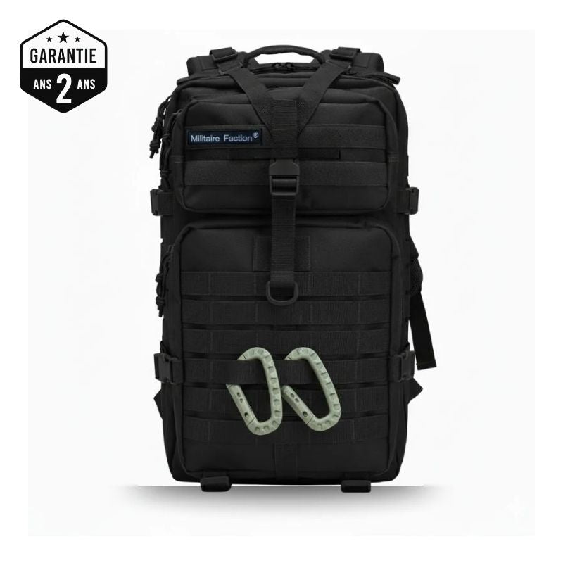 Pack Expédition Militaire Faction : Sac 50L V2 renforcé noir avec garantie 2 ans et accessoires tactiques