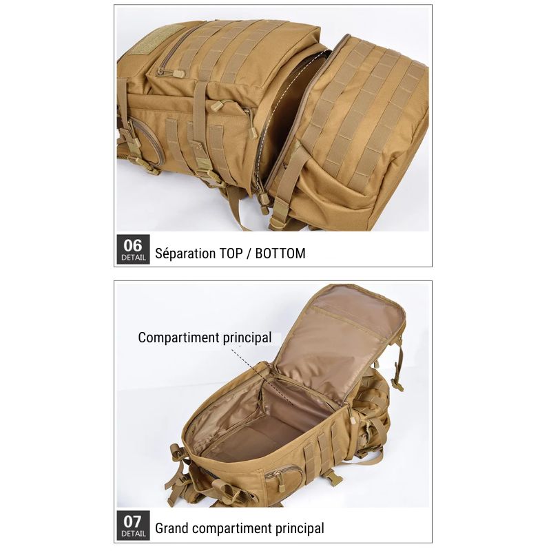 Sac a dos militaire tactique 50l - Séparation top / Bottom. Grand compartiment principal.