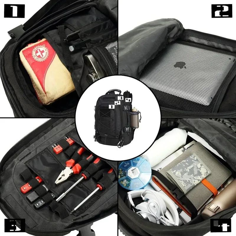 Sac a dos tactique 60l deuxième compartiment principal - Partition pour ordinateur portable - Filet - Boucles pour outils.