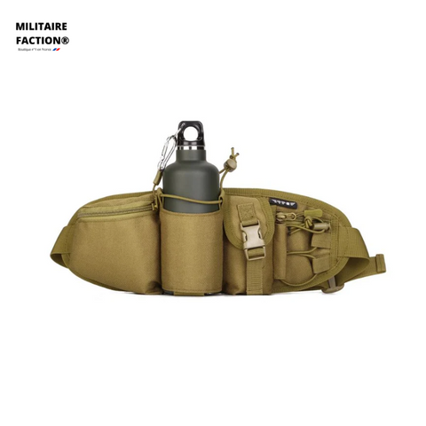 Sac banane tactique - vue de face - porte gourde, 3 pochettes avant.