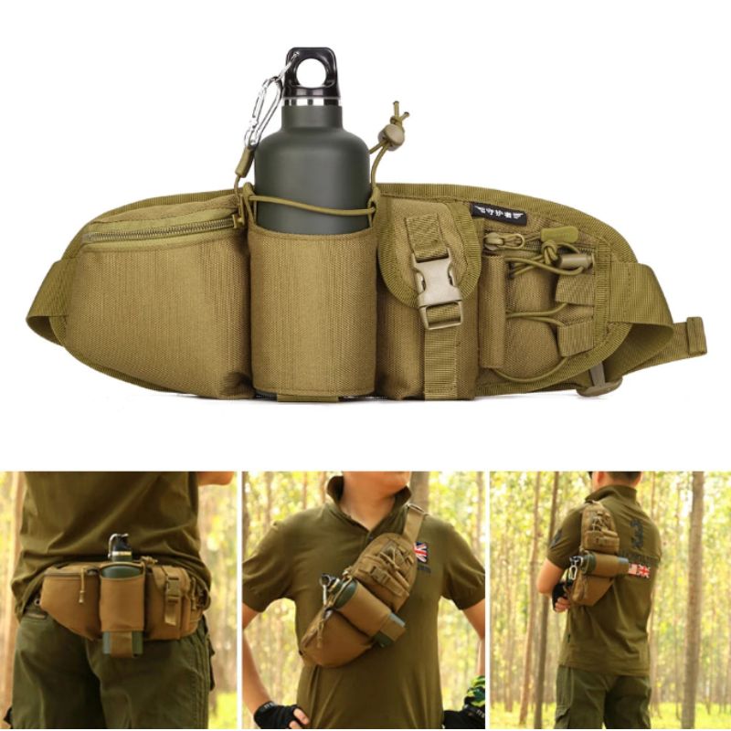 Sac banane tactique - Homme en tenue de survie qui porte la banane à la ceinture ou autour du torse.