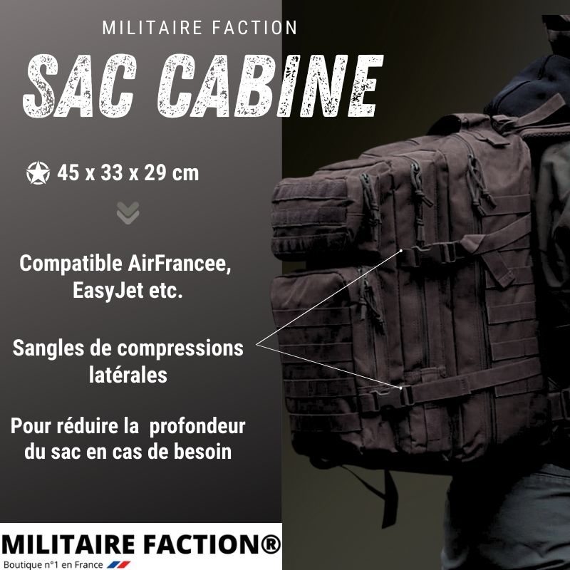Sac cabine tactique 45×33×29 cm – compatible Air France/EasyJet, sangles de compression