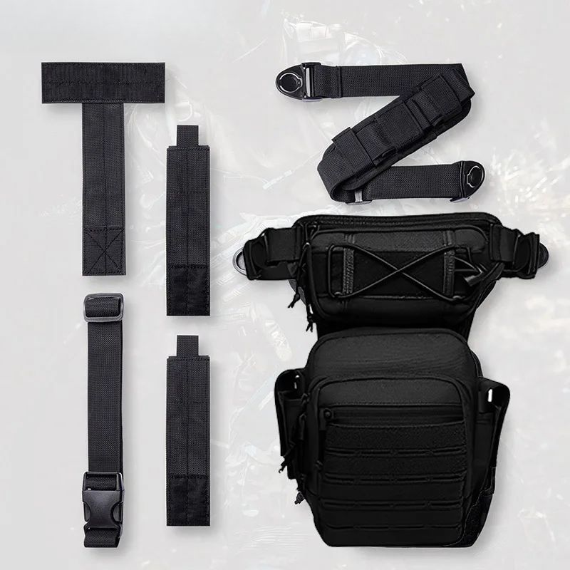 Contenu complet du sac de cuisse tactique noir avec sangles et fixations modulaires – vue à plat du kit démonté et prêt à l’assemblage pour port cuisse ou ceinture.