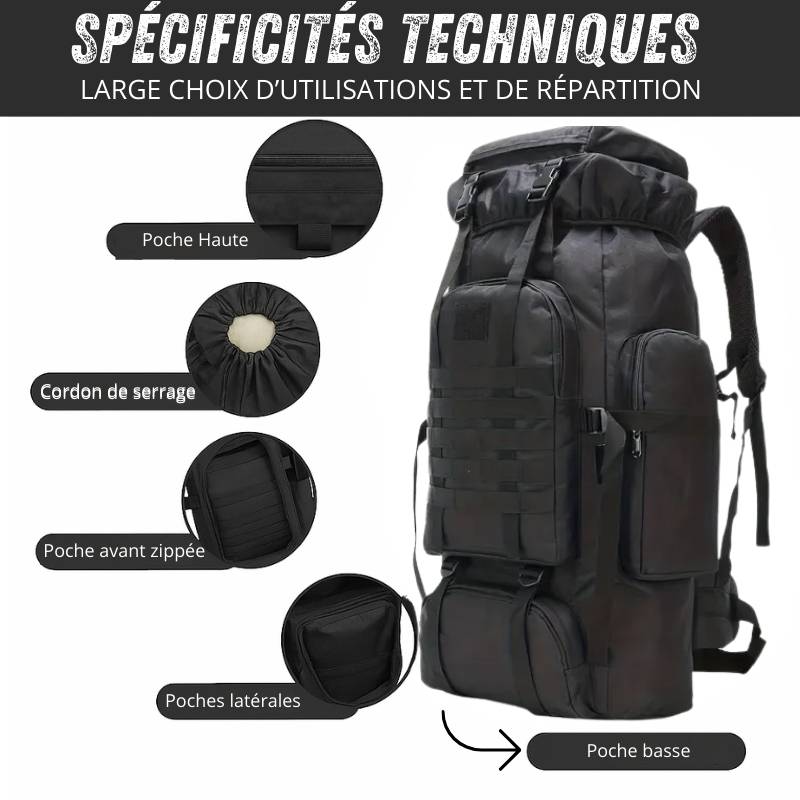 Sac de randonnée militaire 80L avec compartiments stratégiques