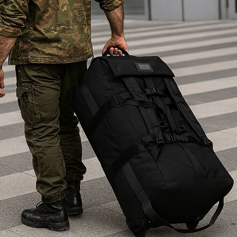 Sac de voyage militaire à roulettes avec poignet ergonomique - Militaire en train de faire rouler le sac