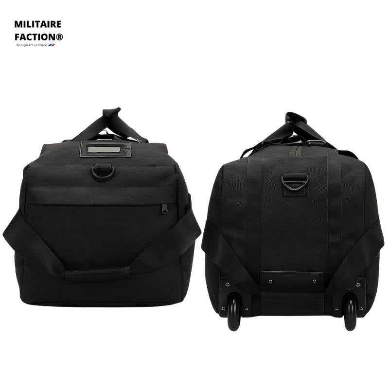 Sac de voyage militaire à roulettes transport détails - boucle tactique sur les côtés et poche zippée.