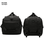Sac de voyage militaire à roulettes transport détails - boucle tactique sur les côtés et poche zippée.