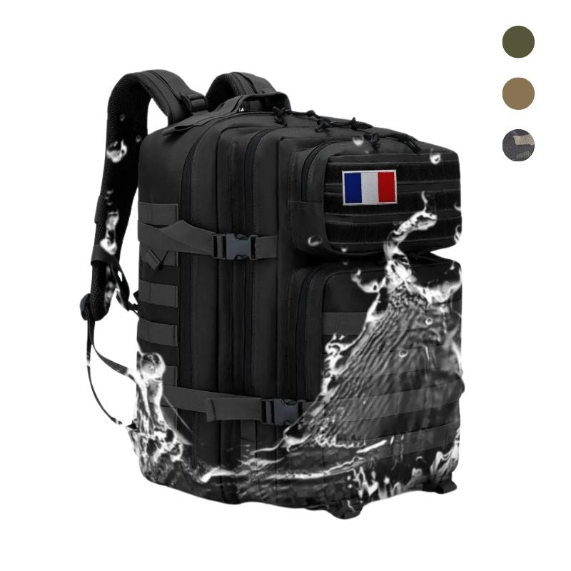 Sac à dos 50l militaire - Vue de face - Ecusson militaire français accroché sur la zone patch.