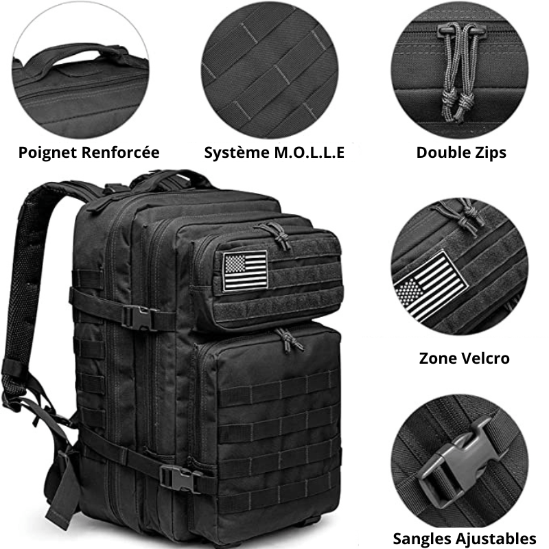 Sac à dos militaire avec fermetures YKK, système molle, poignée renforcée et sangles de compressions latérales.