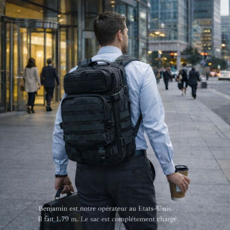 Benjamin, opérateur de 1,79m, portant le sac à dos 50L chargé en environnement urbain (vélotaf/ville).